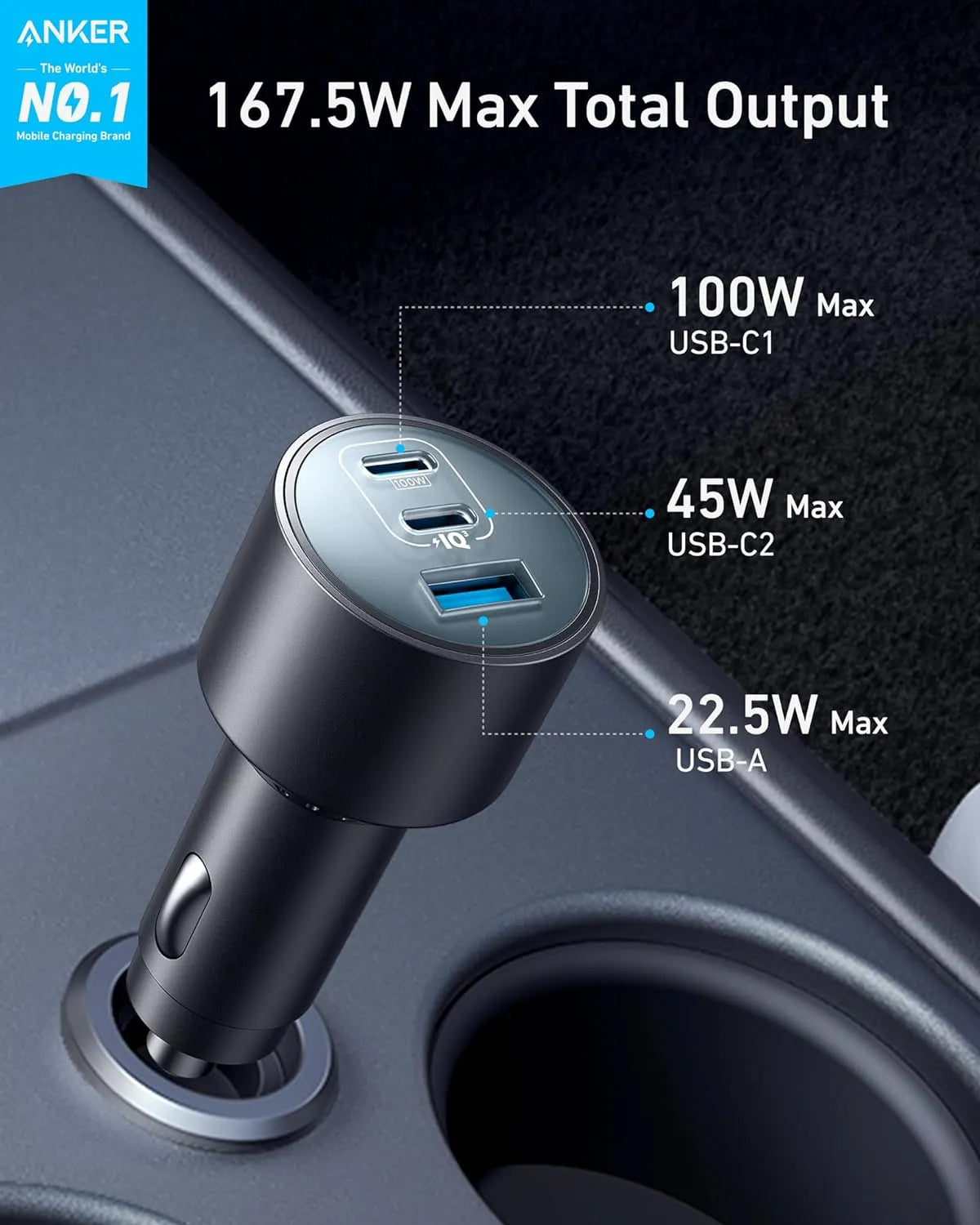 Anker Nano Car Charger 167.5W 3 Ports