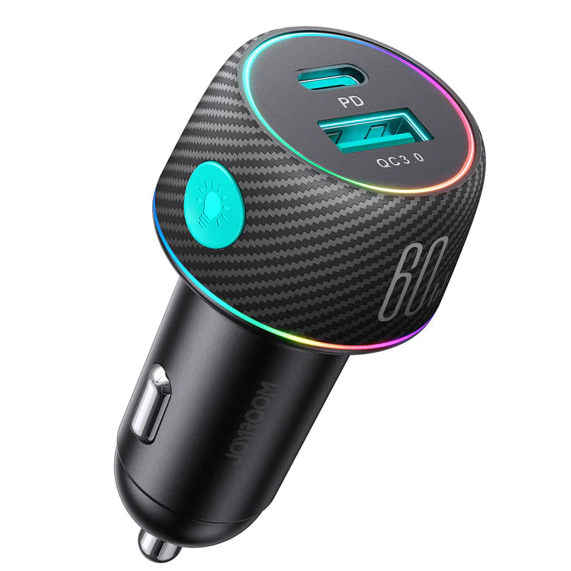 JOYROOM Multi-Color Car Charger with Light Button 60W 1A+1C