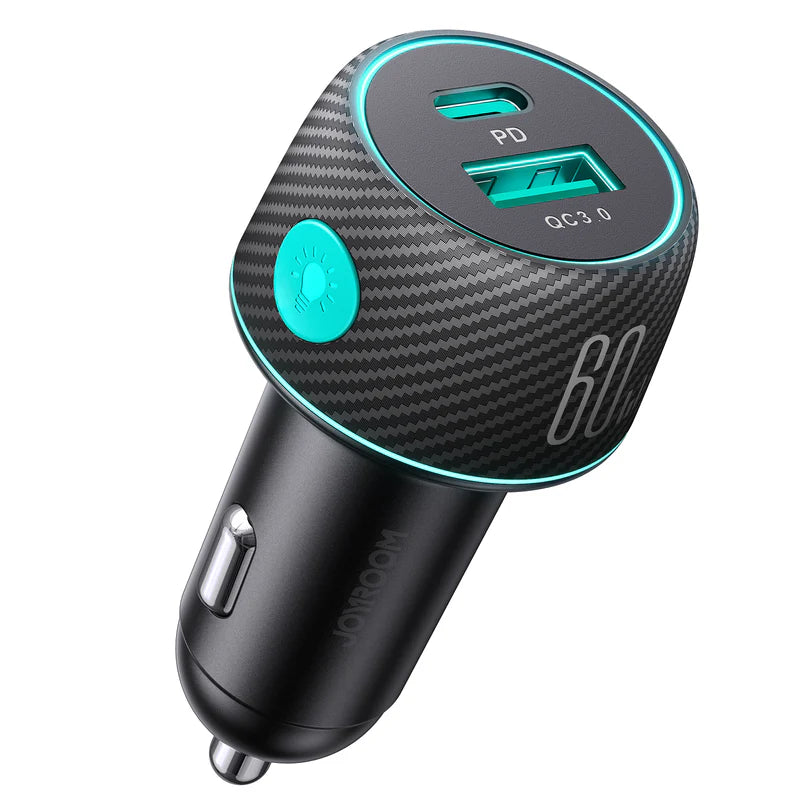 JOYROOM Multi-Color Car Charger with Light Button 60W 1A+1C