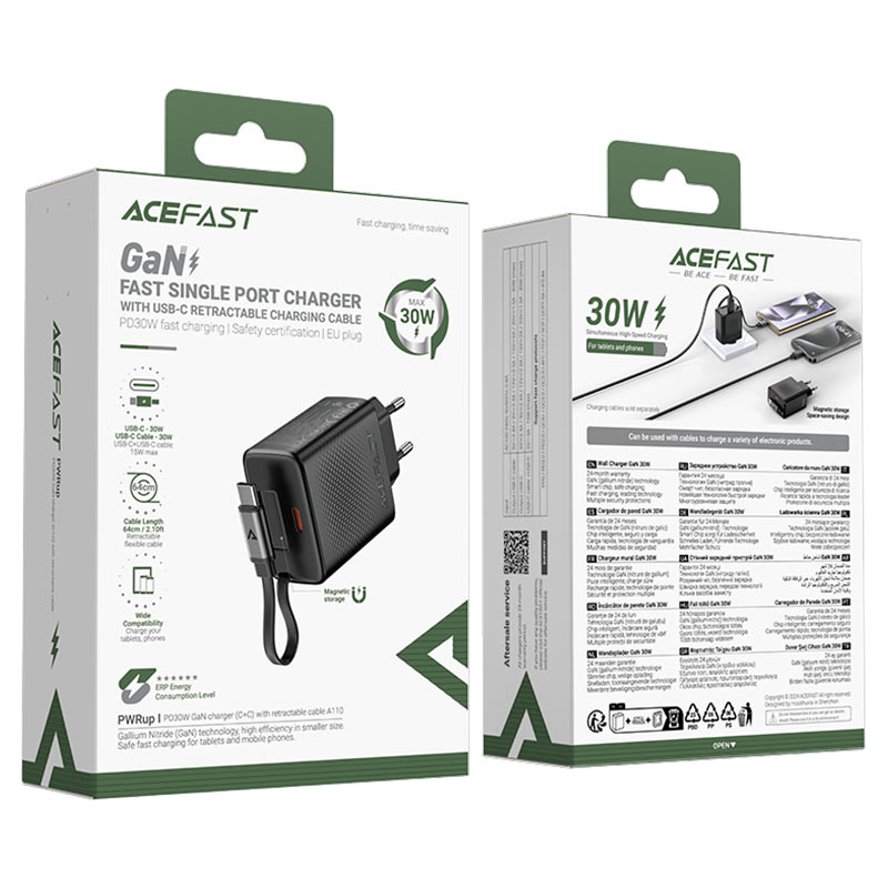 A110 PD30W GaN charger  (USB-C+USB-C) with  retractable cable (EU)