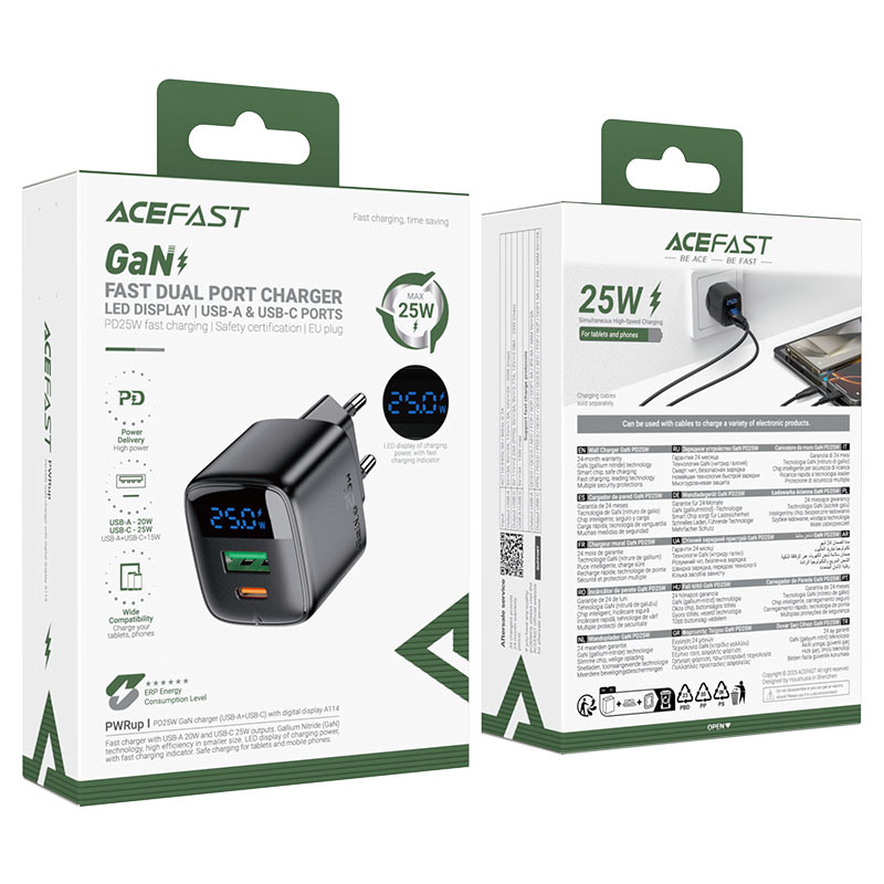 A114 PD25W GaN charger  (USB-A+USB-C) with digital  display (EU)