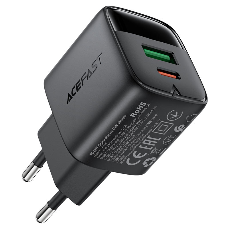 A114 PD25W GaN charger  (USB-A+USB-C) with digital  display (EU)