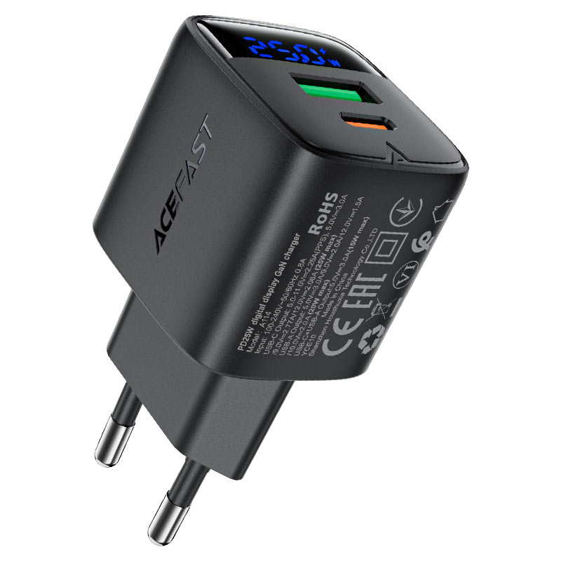 A114 PD25W GaN charger  (USB-A+USB-C) with digital  display (EU)